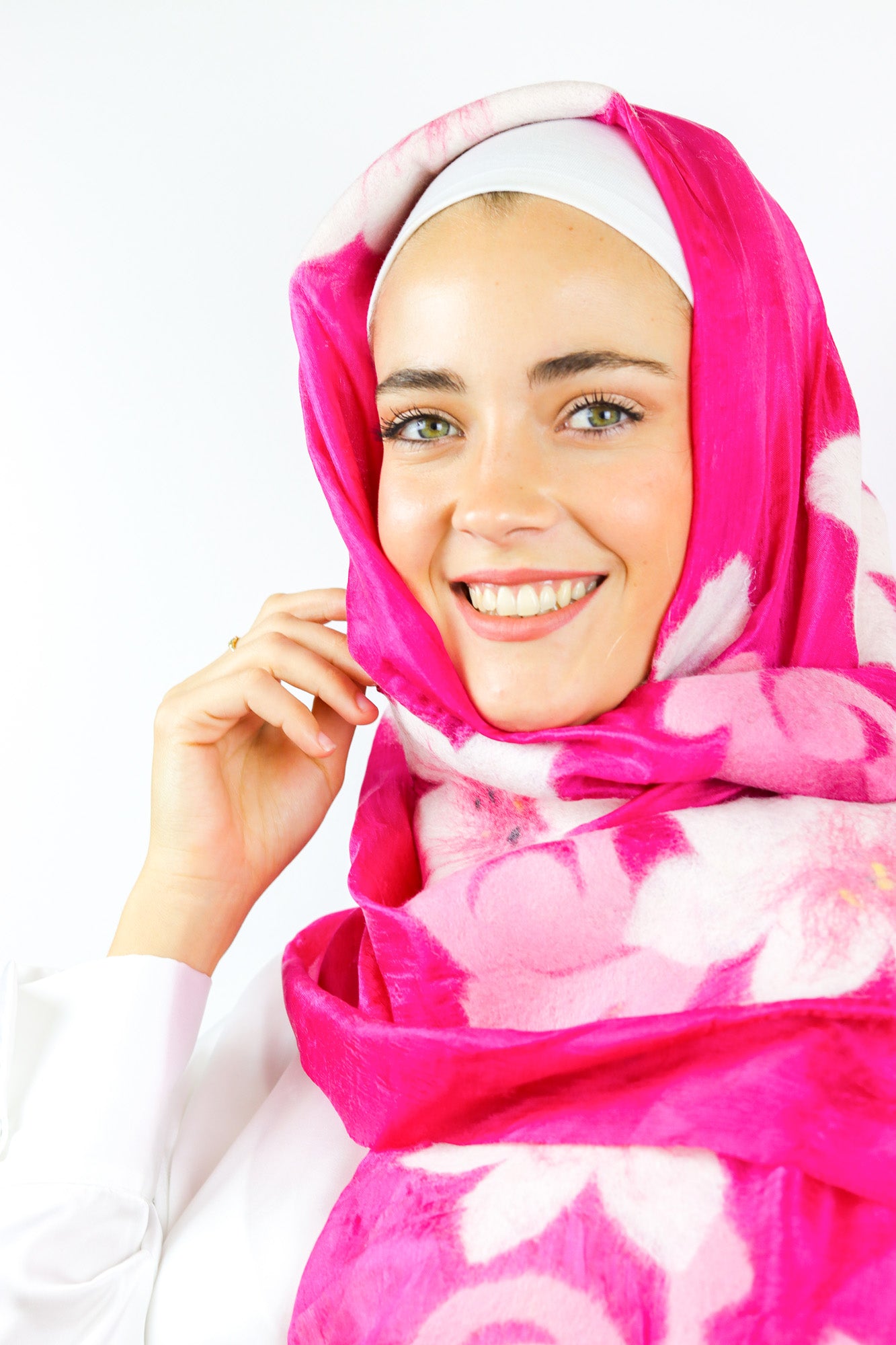 Magenta Pink Pure Silk Scarf Adorned with Hand-Made Felt Flowers from Bukhara